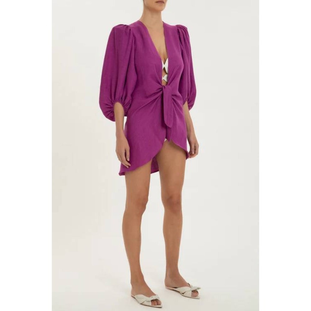 Adriana Degreas Tie Front Coverup Top Small Fuchsia Linen‎ Puff Sleeve Resort